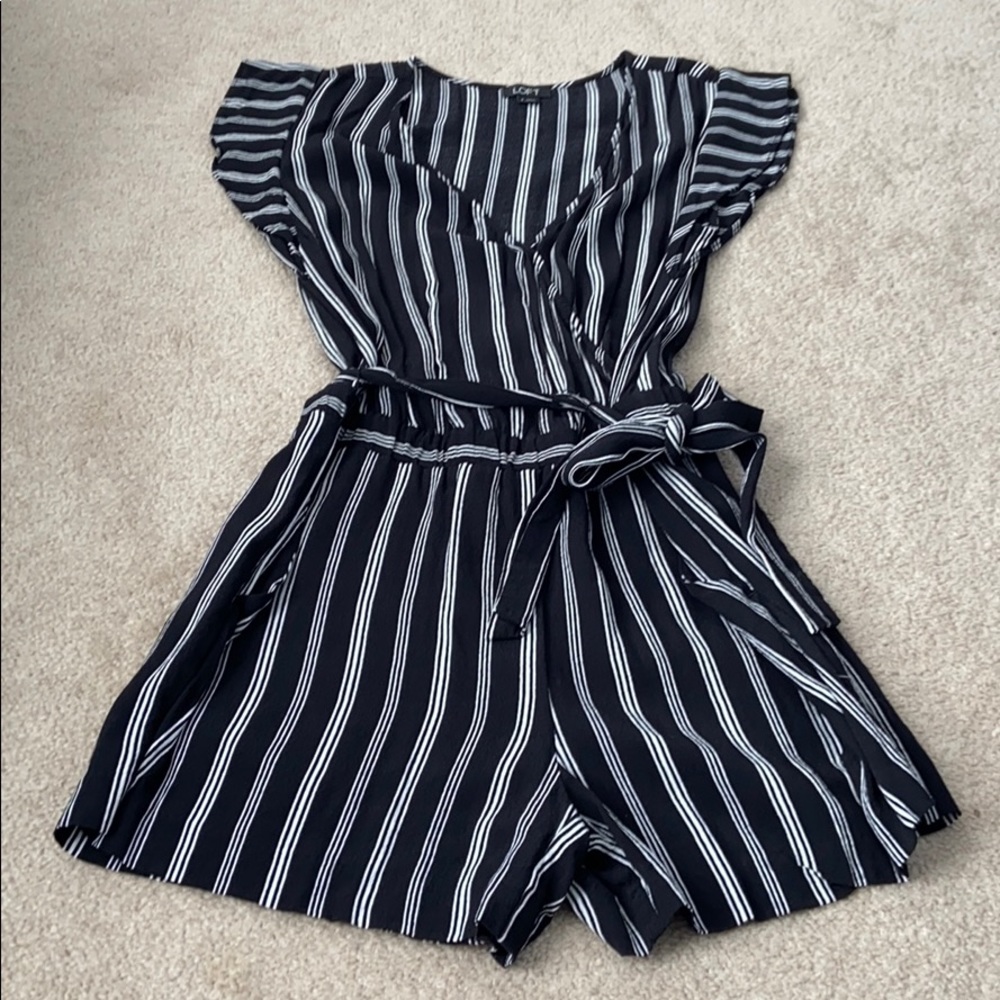 LOFT Black and White Striped Short Sleeve Romper